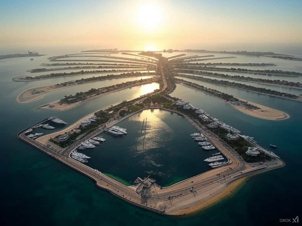 The Palm Jumeirah with vibrant, colorful patterns