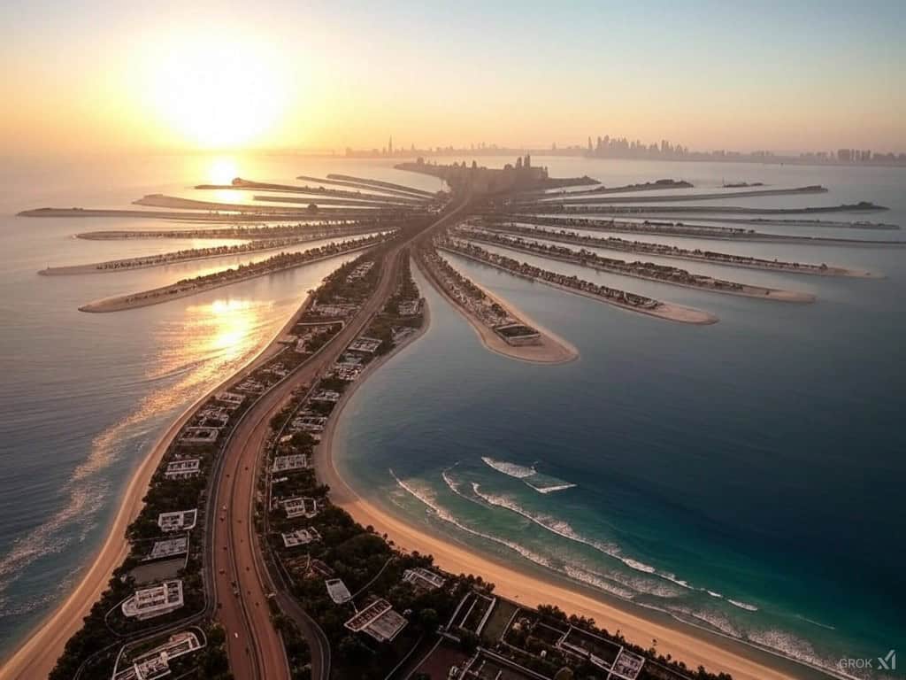 The Palm Jumeirah with a reflection in calm waters