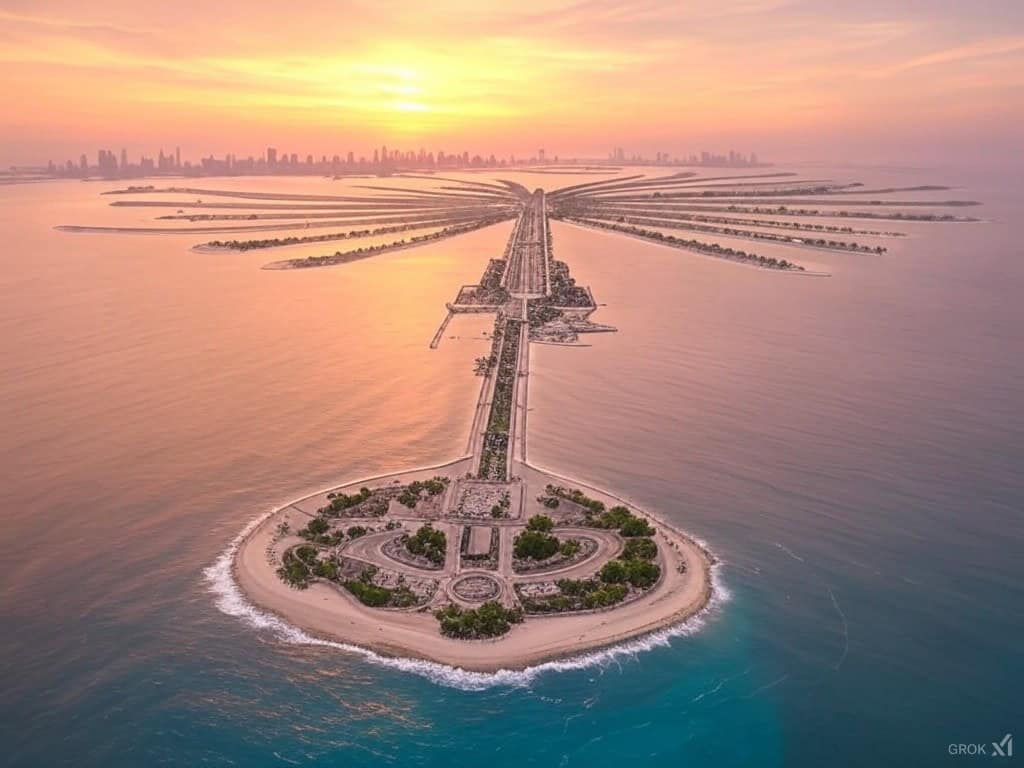 Aerial view of The Palm Jumeirah with a sunset background