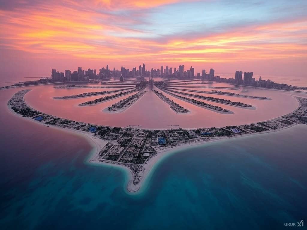 The Palm Jumeirah with a digital, circuit board overlay