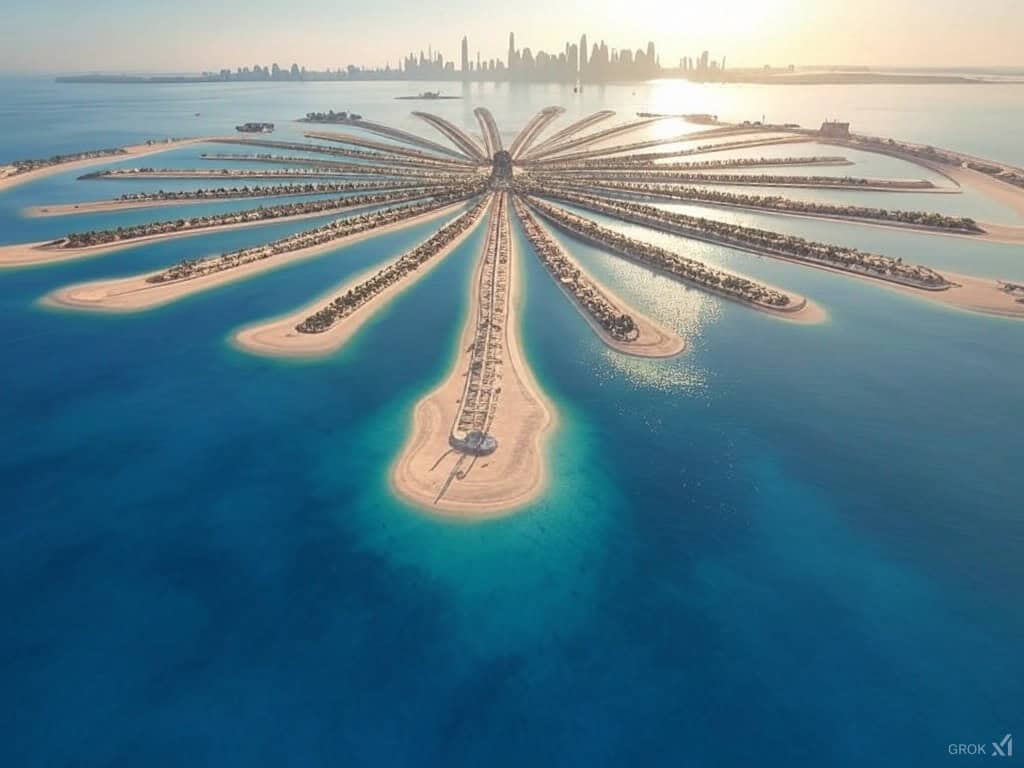 The Palm Jumeirah shaped like a hand holding the world