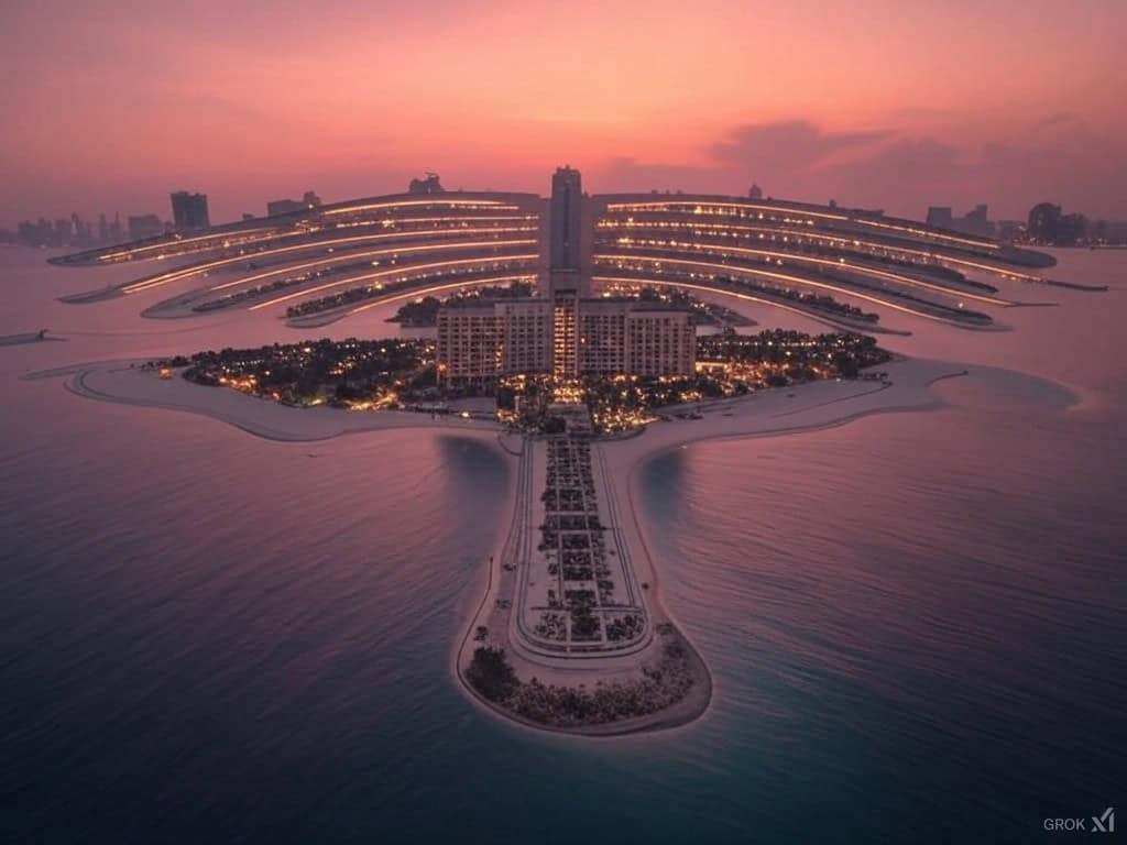 Night view of The Palm Jumeirah with city lights