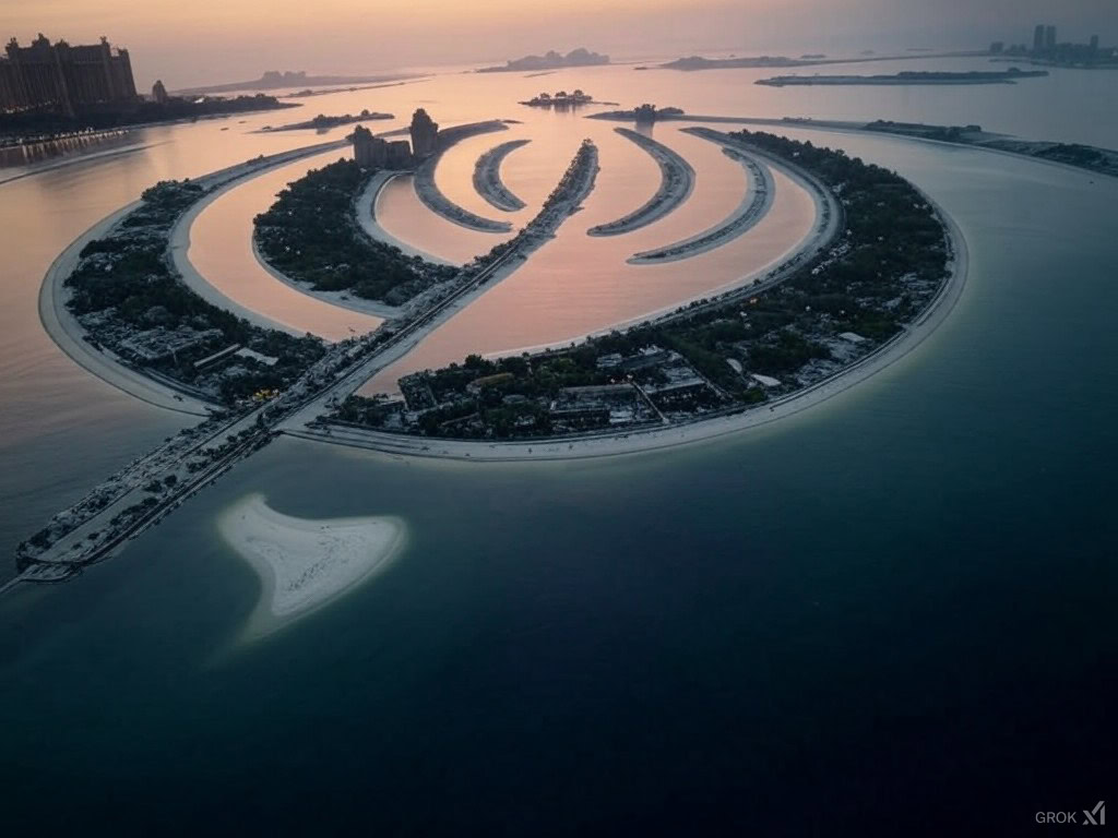 Artistic rendition of The Palm Jumeirah with futuristic elements