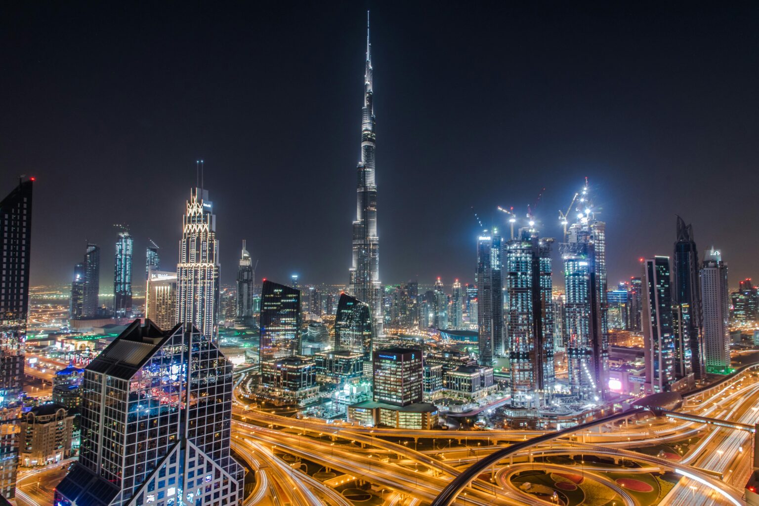 Burj Khalifa in Dubai - A night view showcasing the dazzling lights of the world's tallest building